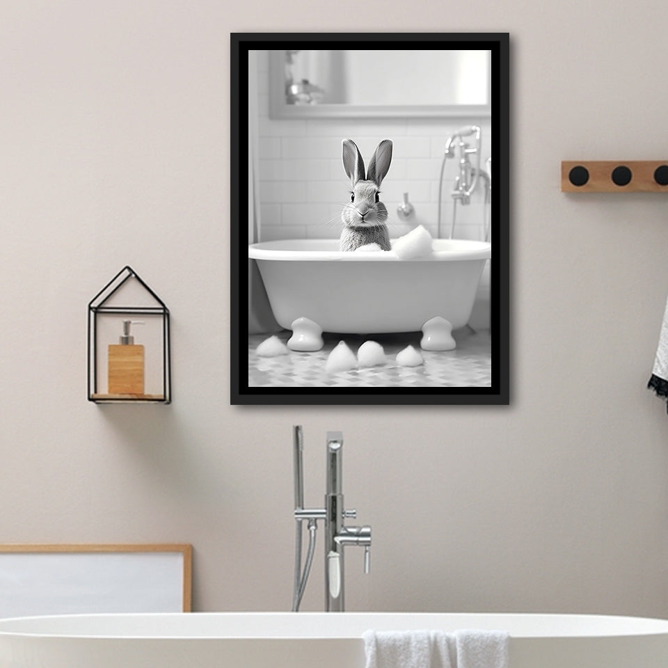 Cute Rabbit In Tub Printable Framed Canvas Prints Wall Art, Bathroom Kids Art, Bathroom Wall Decor