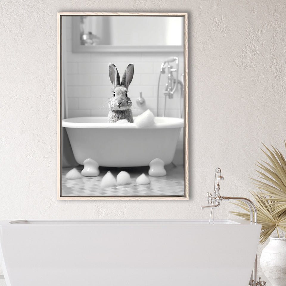 Cute Rabbit In Tub Printable Framed Canvas Prints Wall Art, Bathroom Kids Art, Bathroom Wall Decor