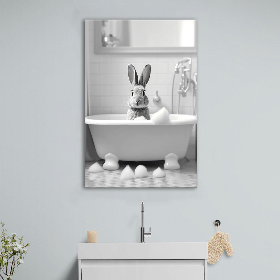 Cute Rabbit in Tub Printable Canvas Prints Wall Art, Bathroom kids art, Bathroom wall decor