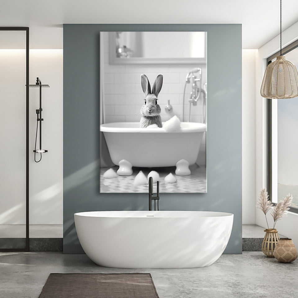 Cute Rabbit in Tub Printable Canvas Prints Wall Art, Bathroom kids art, Bathroom wall decor