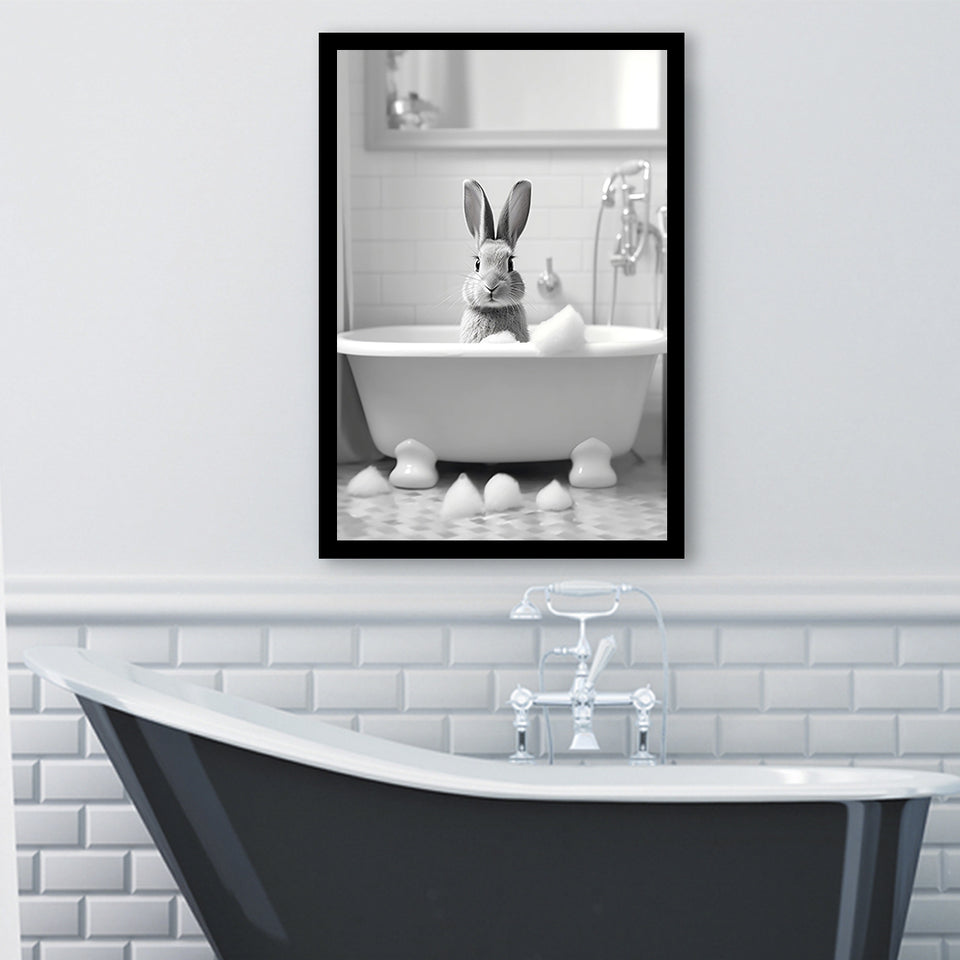 Cute Rabbit In Tub Printable Framed Art Print Wall Decor, Bathroom Kids Art, Bathroom Wall Decor