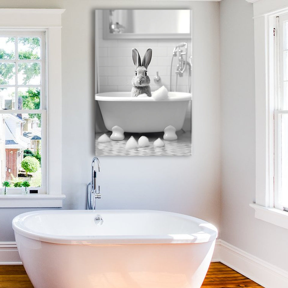 Cute Rabbit in Tub Printable Canvas Prints Wall Art, Bathroom kids art, Bathroom wall decor