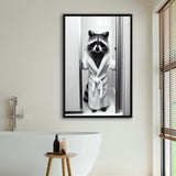 Cute Raccoon In Bathrobe Peering From Shower Framed Canvas Prints Wall Art, Kids Bathroom Framed Art, Raccoon Art