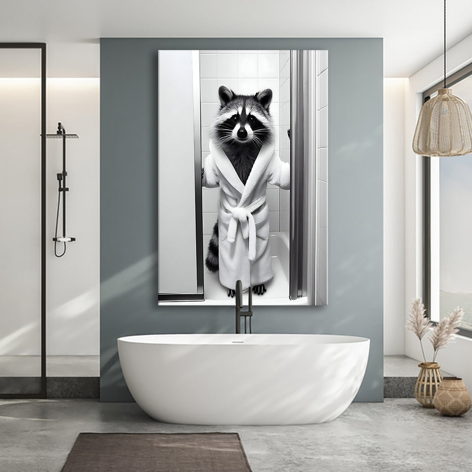 Cute Raccoon in Bathrobe Peering from Shower Canvas Prints Wall Art, Kids Bathroom Art, Raccoon art
