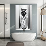 Cute Raccoon in Bathrobe Peering from Shower Canvas Prints Wall Art, Kids Bathroom Art, Raccoon art