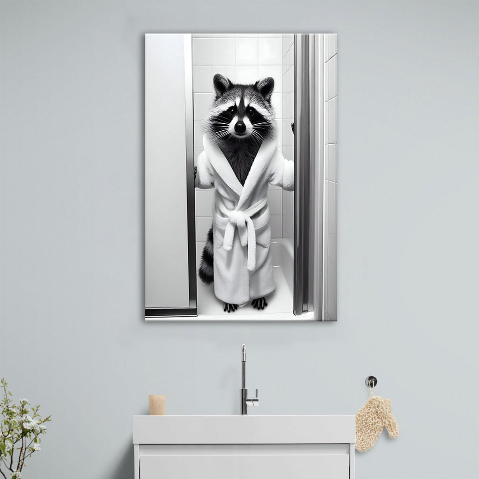 Cute Raccoon in Bathrobe Peering from Shower Canvas Prints Wall Art, Kids Bathroom Art, Raccoon art