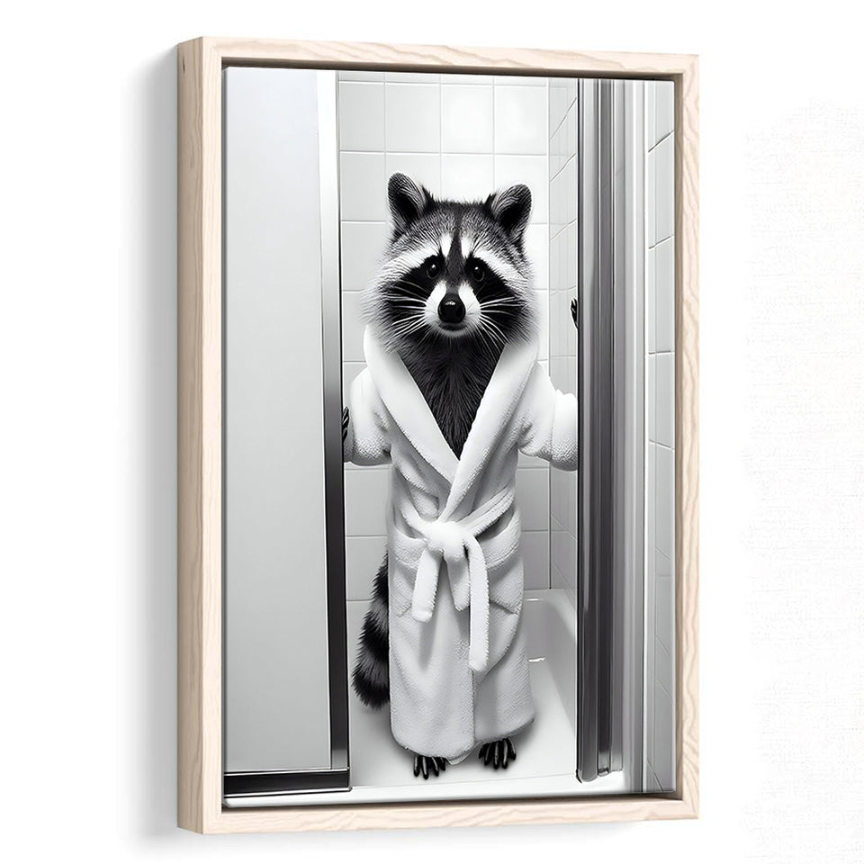 Cute Raccoon In Bathrobe Peering From Shower Framed Canvas Prints Wall Art, Kids Bathroom Framed Art, Raccoon Art