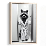 Cute Raccoon In Bathrobe Peering From Shower Framed Canvas Prints Wall Art, Kids Bathroom Framed Art, Raccoon Art