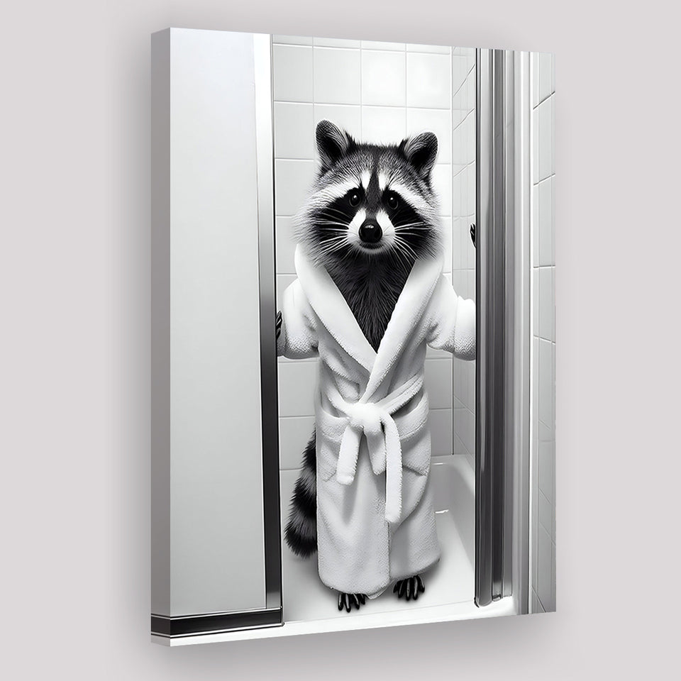 Cute Raccoon in Bathrobe Peering from Shower Canvas Prints Wall Art, Kids Bathroom Art, Raccoon art