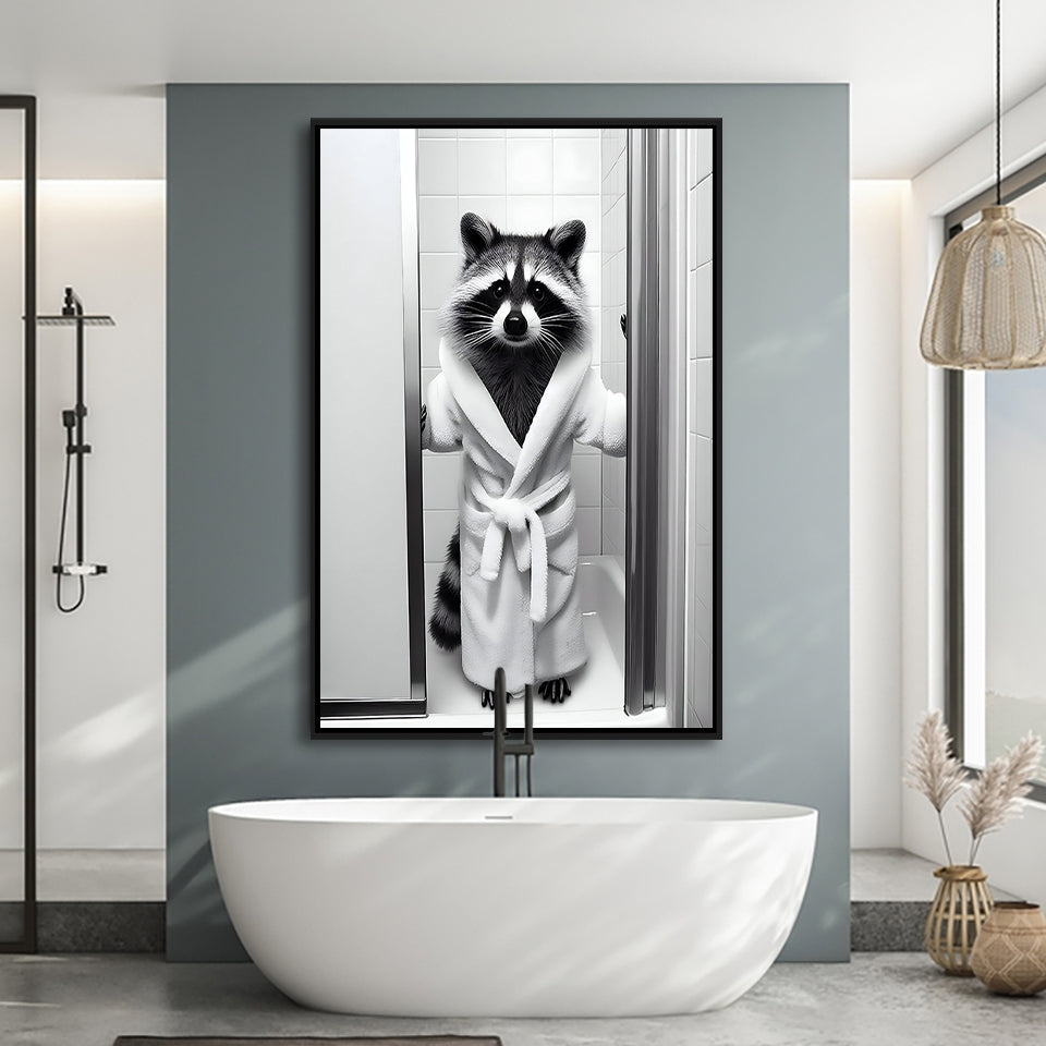 Cute Raccoon In Bathrobe Peering From Shower Framed Canvas Prints Wall Art, Kids Bathroom Framed Art, Raccoon Art