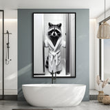 Cute Raccoon In Bathrobe Peering From Shower Framed Canvas Prints Wall Art, Kids Bathroom Framed Art, Raccoon Art