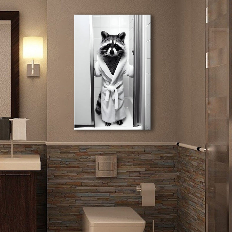 Cute Raccoon in Bathrobe Peering from Shower Canvas Prints Wall Art, Kids Bathroom Art, Raccoon art