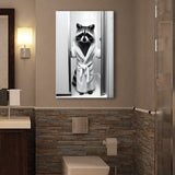 Cute Raccoon in Bathrobe Peering from Shower Canvas Prints Wall Art, Kids Bathroom Art, Raccoon art