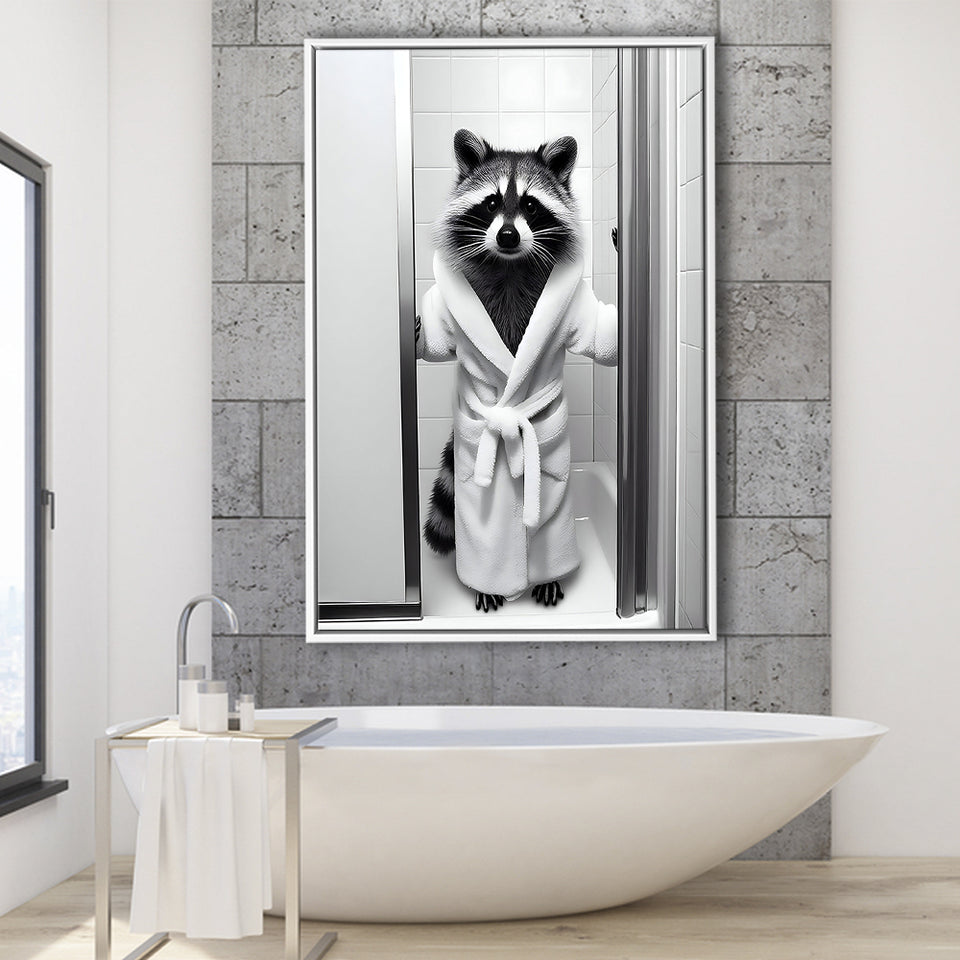 Cute Raccoon In Bathrobe Peering From Shower Framed Canvas Prints Wall Art, Kids Bathroom Framed Art, Raccoon Art