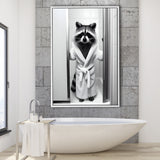 Cute Raccoon In Bathrobe Peering From Shower Framed Canvas Prints Wall Art, Kids Bathroom Framed Art, Raccoon Art