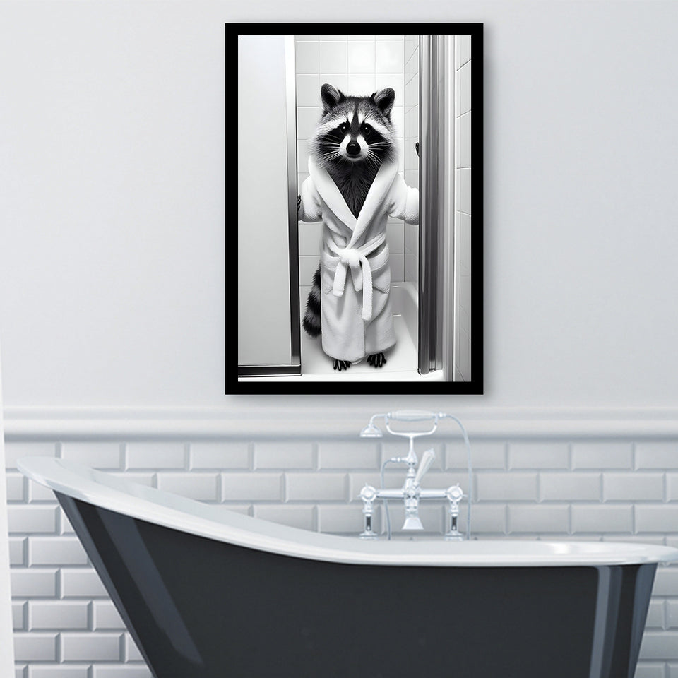 Cute Raccoon In Bathrobe Peering From Shower Framed Art Print Wall Decor, Kids Bathroom Framed Art, Raccoon Art