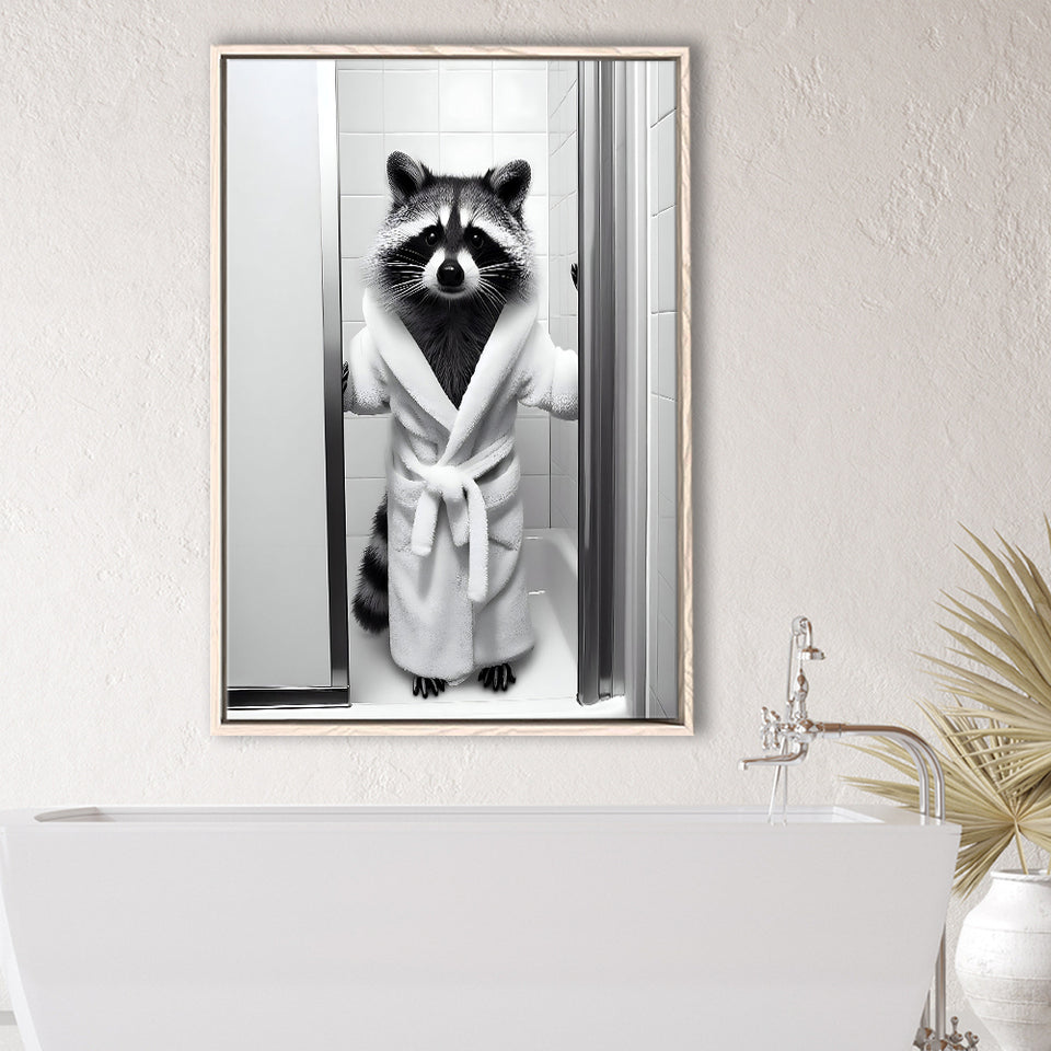 Cute Raccoon In Bathrobe Peering From Shower Framed Canvas Prints Wall Art, Kids Bathroom Framed Art, Raccoon Art