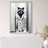 Cute Raccoon In Bathrobe Peering From Shower Framed Canvas Prints Wall Art, Kids Bathroom Framed Art, Raccoon Art