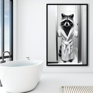 Cute Raccoon In Bathrobe Peering From Shower Framed Art Print Wall Decor, Kids Bathroom Framed Art, Raccoon Art