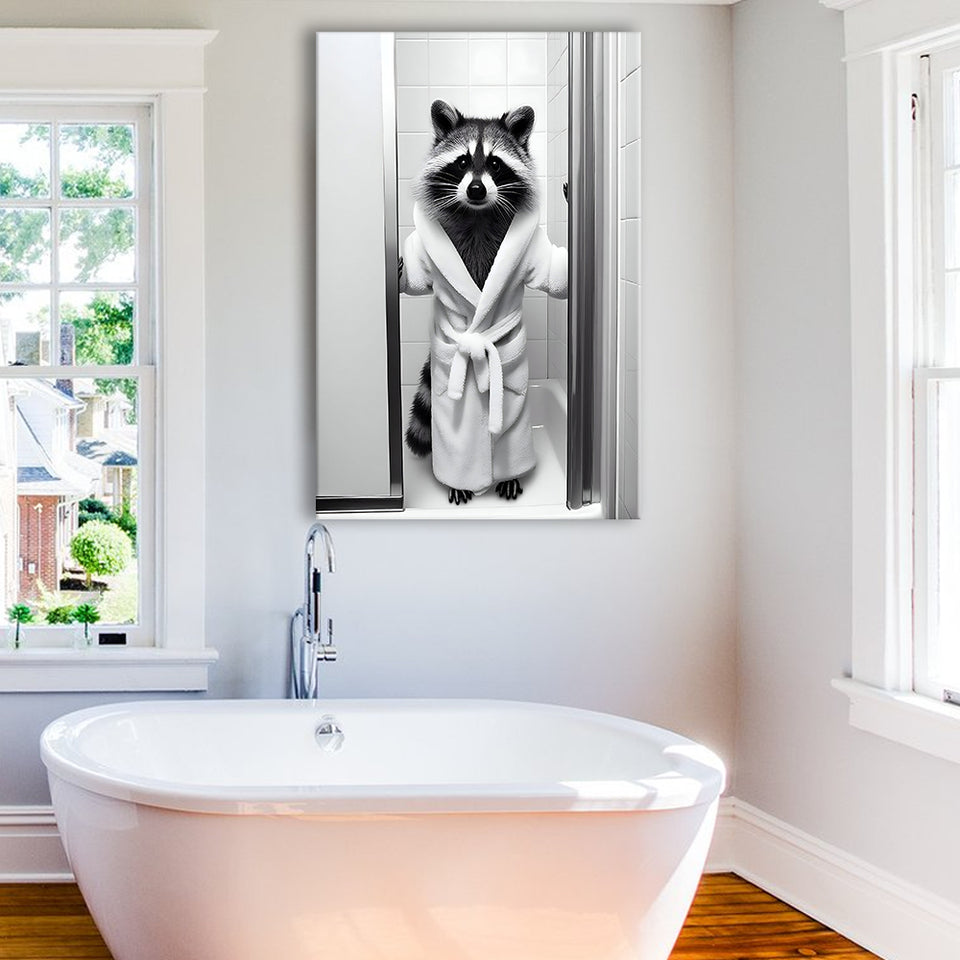 Cute Raccoon in Bathrobe Peering from Shower Canvas Prints Wall Art, Kids Bathroom Art, Raccoon art