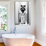 Cute Raccoon in Bathrobe Peering from Shower Canvas Prints Wall Art, Kids Bathroom Art, Raccoon art