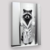 Cute Raccoon in Bathrobe Peering from Shower Canvas Prints Wall Art, Kids Bathroom Art, Raccoon art