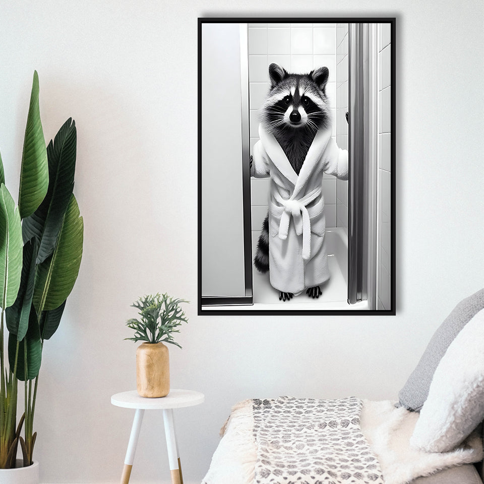 Cute Raccoon In Bathrobe Peering From Shower Framed Canvas Prints Wall Art, Kids Bathroom Framed Art, Raccoon Art