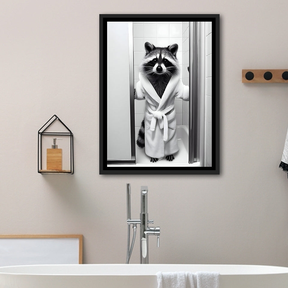 Cute Raccoon In Bathrobe Peering From Shower Framed Canvas Prints Wall Art, Kids Bathroom Framed Art, Raccoon Art