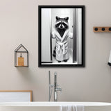 Cute Raccoon In Bathrobe Peering From Shower Framed Canvas Prints Wall Art, Kids Bathroom Framed Art, Raccoon Art