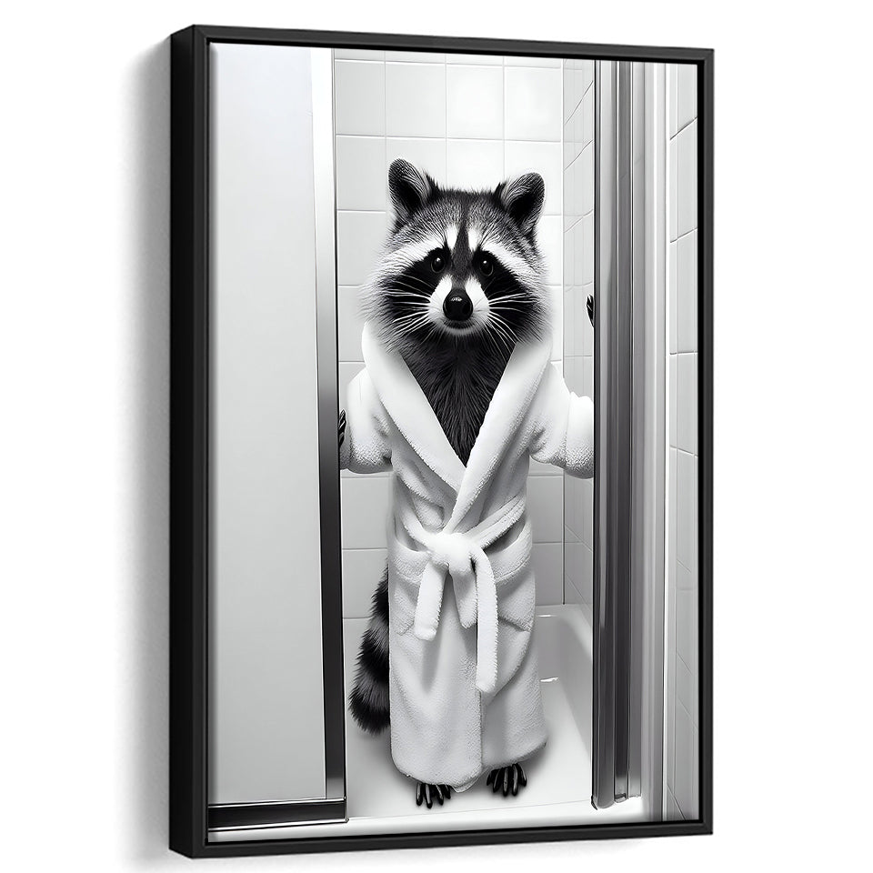 Cute Raccoon In Bathrobe Peering From Shower Framed Canvas Prints Wall Art, Kids Bathroom Framed Art, Raccoon Art
