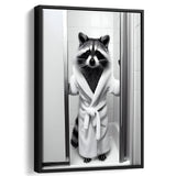 Cute Raccoon In Bathrobe Peering From Shower Framed Canvas Prints Wall Art, Kids Bathroom Framed Art, Raccoon Art