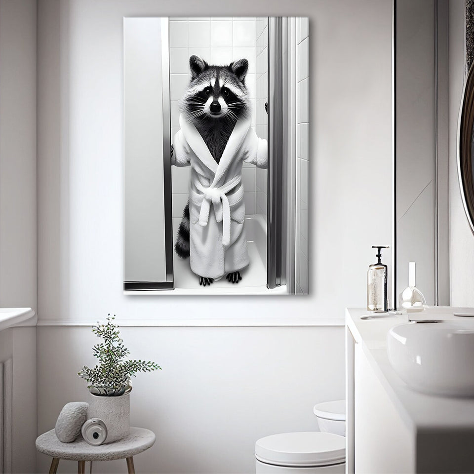 Cute Raccoon in Bathrobe Peering from Shower Canvas Prints Wall Art, Kids Bathroom Art, Raccoon art