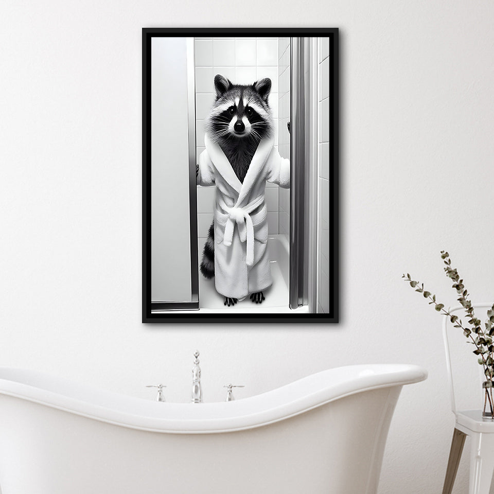 Cute Raccoon In Bathrobe Peering From Shower Framed Canvas Prints Wall Art, Kids Bathroom Framed Art, Raccoon Art