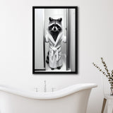 Cute Raccoon In Bathrobe Peering From Shower Framed Canvas Prints Wall Art, Kids Bathroom Framed Art, Raccoon Art