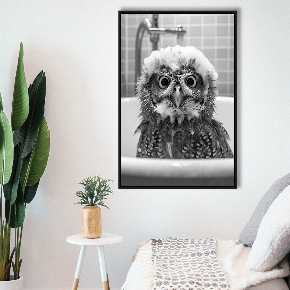 Cute Owl In Tub Printable Framed Canvas Prints Wall Art,Owl Photo,Owl Art