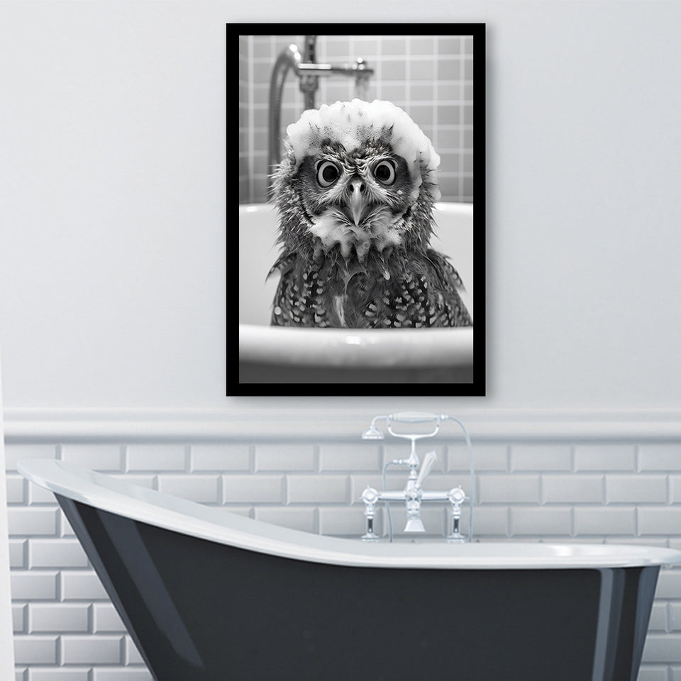 Cute Owl In Tub Printable Framed Art Print Wall Decor,Owl Photo,Owl Art
