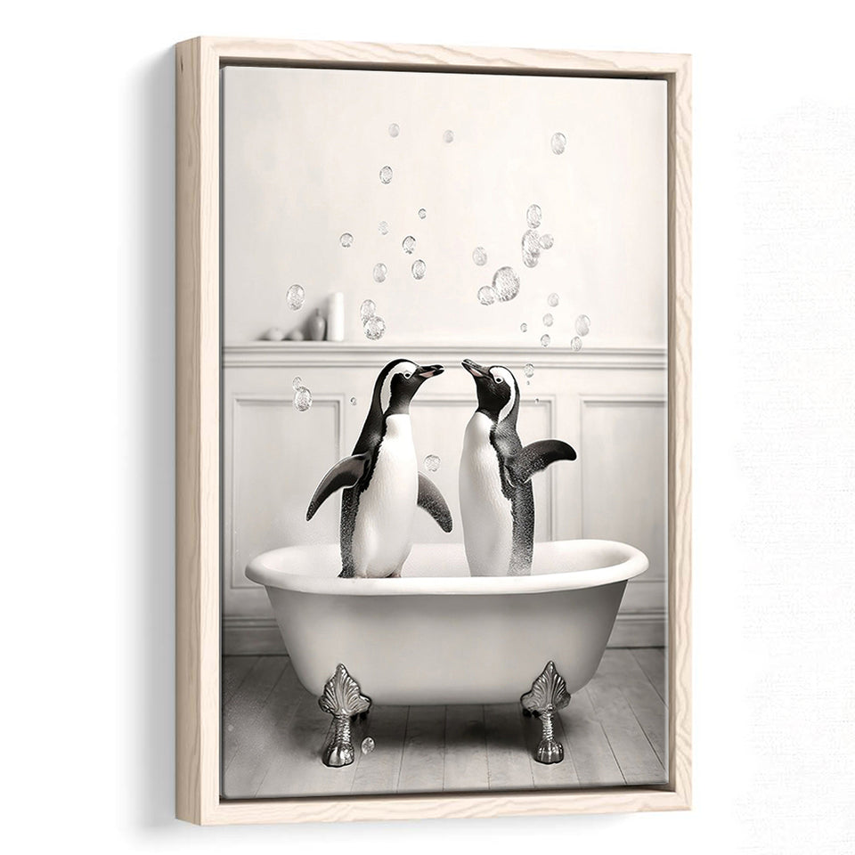 Cute Penguins In Tub Printable Framed Canvas Prints Wall Art, Penguins Photo ,Penguins Art