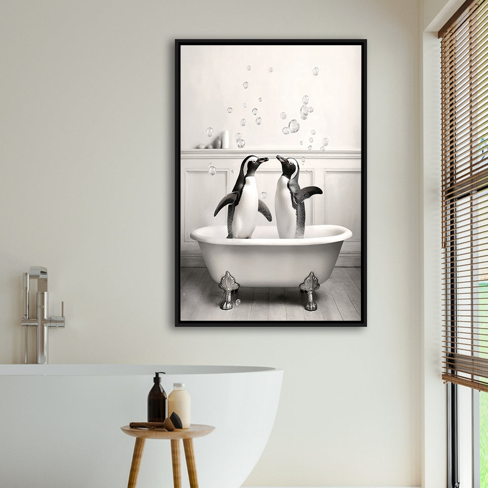 Cute Penguins In Tub Printable Framed Canvas Prints Wall Art, Penguins Photo ,Penguins Art