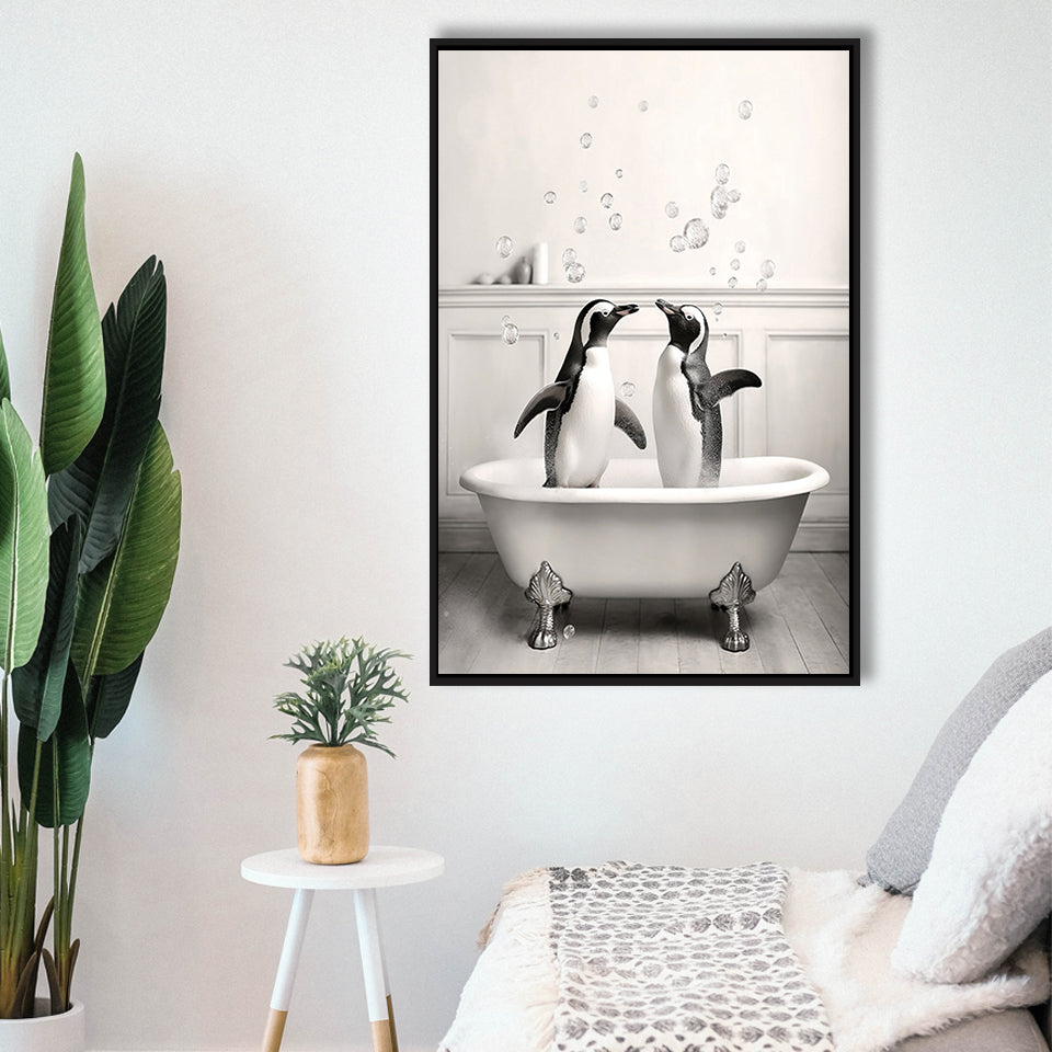 Cute Penguins In Tub Printable Framed Canvas Prints Wall Art, Penguins Photo ,Penguins Art