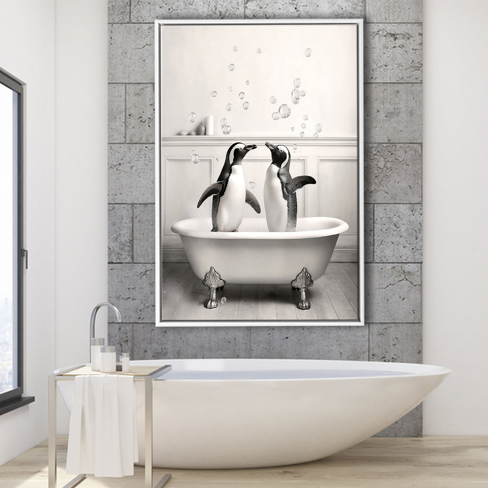 Cute Penguins In Tub Printable Framed Canvas Prints Wall Art, Penguins Photo ,Penguins Art