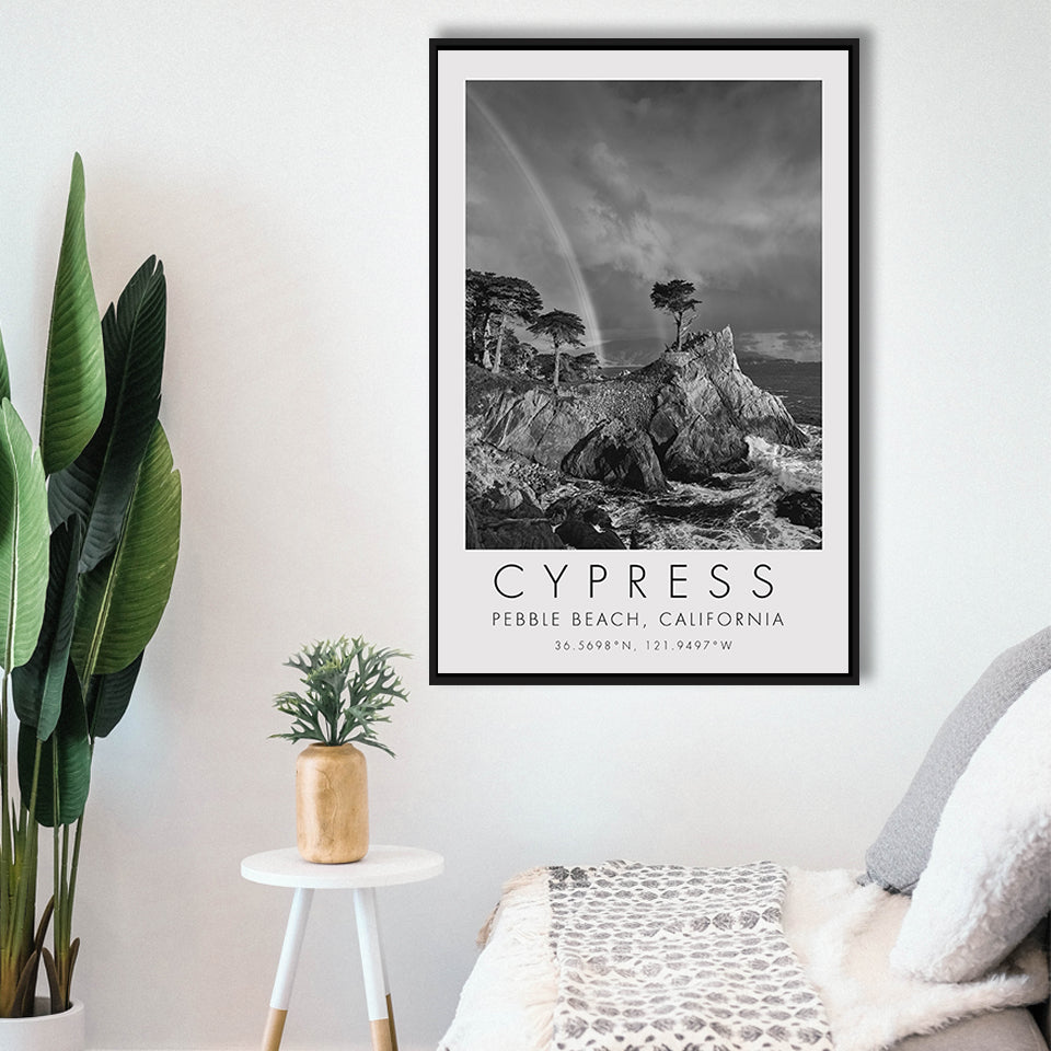 Cypress And Rainbow  at Pebble Beach Golf Links, California, Golf Art Print, Framed Canvas Print Wall Art