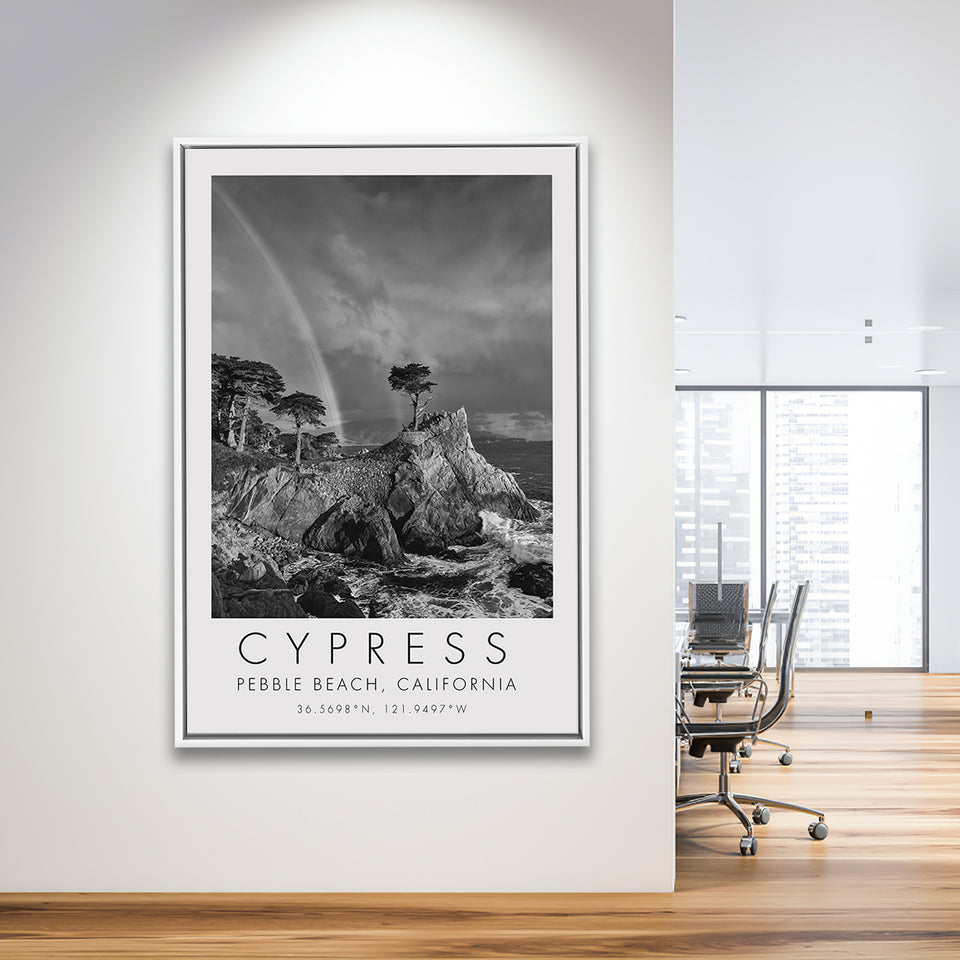 Cypress And Rainbow  at Pebble Beach Golf Links, California, Golf Art Print, Framed Canvas Print Wall Art