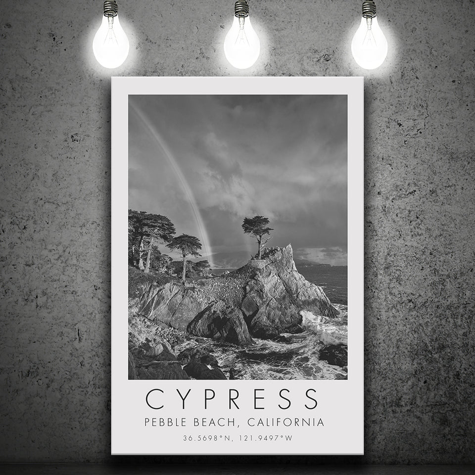 Cypress And Rainbow  at Pebble Beach Golf Links, California, Golf Art Print, Gift for him, Canvas Print Wall Art
