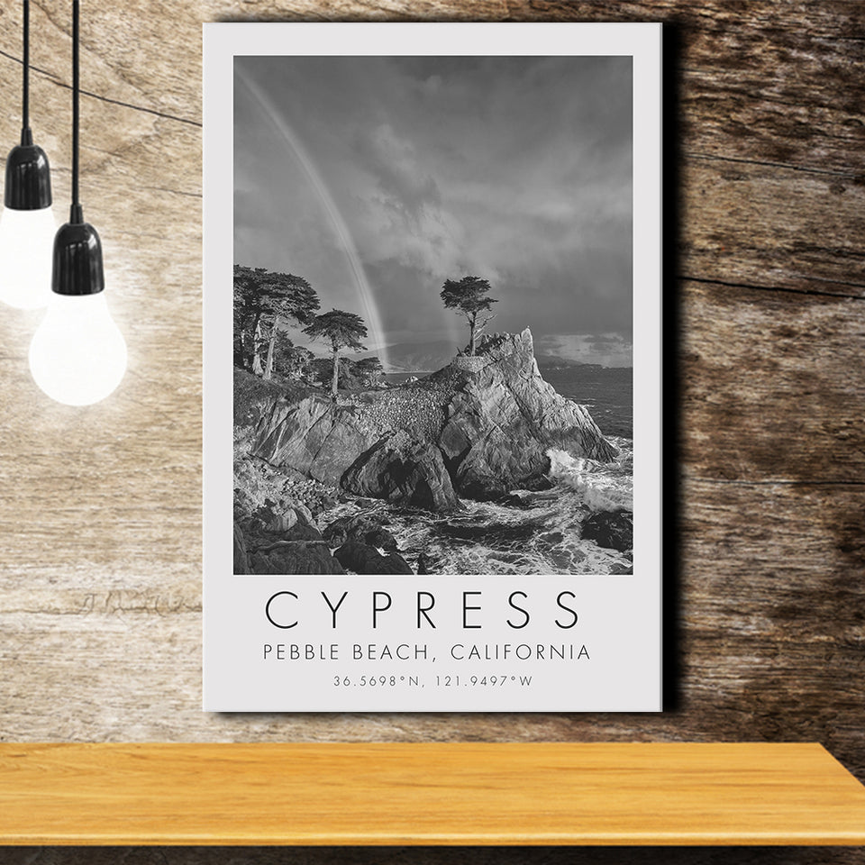Cypress And Rainbow  at Pebble Beach Golf Links, California, Golf Art Print, Gift for him, Canvas Print Wall Art