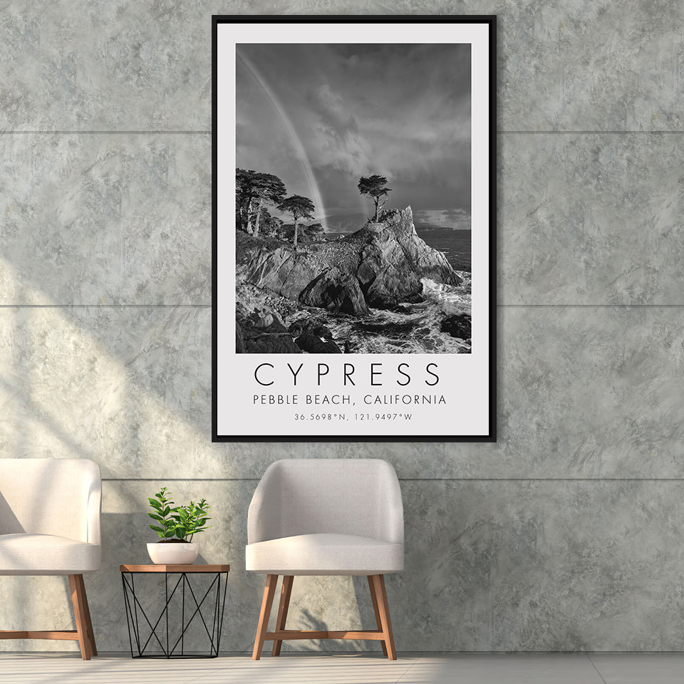 Cypress And Rainbow  at Pebble Beach Golf Links, California, Golf Art Print, Framed Canvas Print Wall Art