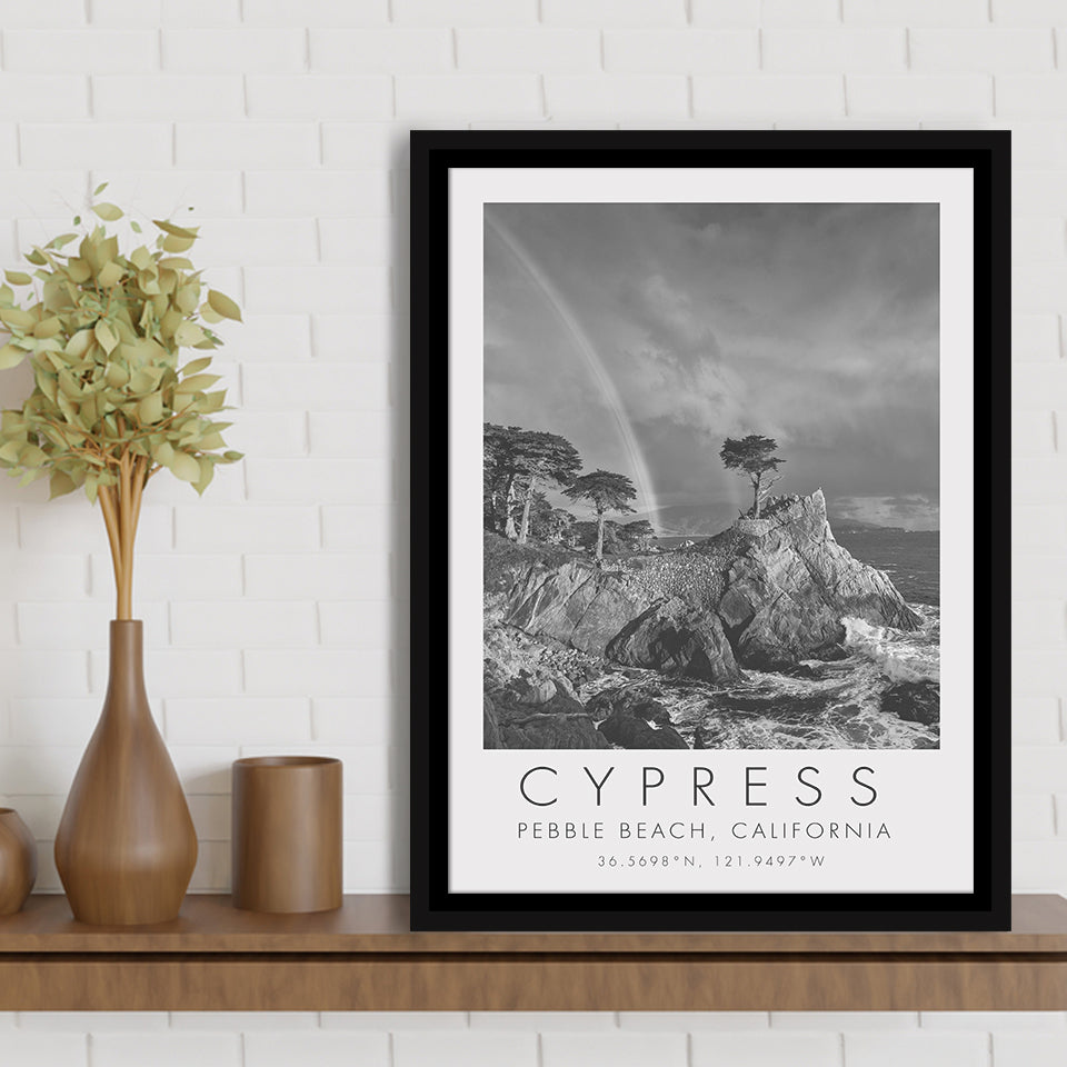 Cypress And Rainbow  at Pebble Beach Golf Links, California, Golf Art Print, Framed Canvas Print Wall Art