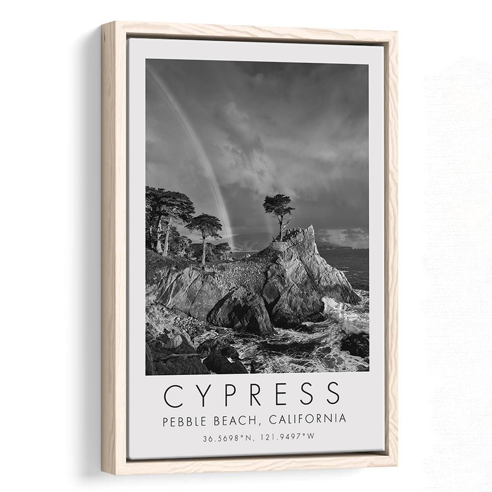 Cypress And Rainbow  at Pebble Beach Golf Links, California, Golf Art Print, Framed Canvas Print Wall Art