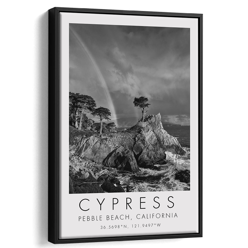 Cypress And Rainbow  at Pebble Beach Golf Links, California, Golf Art Print, Framed Canvas Print Wall Art