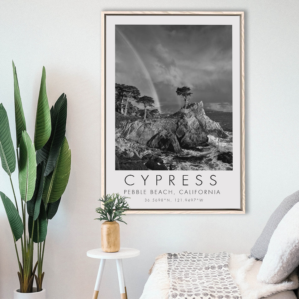 Cypress And Rainbow  at Pebble Beach Golf Links, California, Golf Art Print, Framed Canvas Print Wall Art