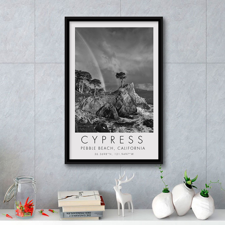 Cypress And Rainbow  at Pebble Beach Golf Links, California, Golf Art Print, Framed Canvas Print Wall Art